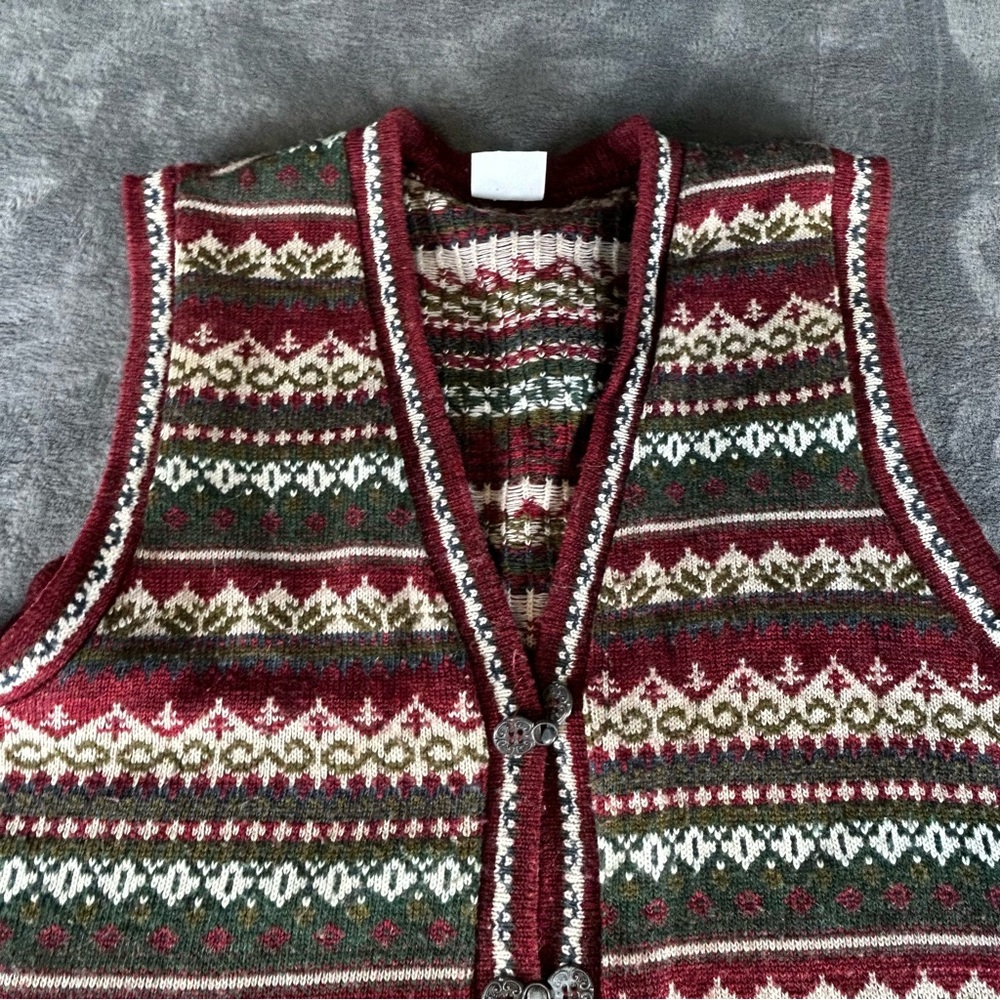 Vtg Carolina Colours Sweater Vest Womens 1x ? Fair Isle Long Line Metal Buckles - Picture 1 of 8